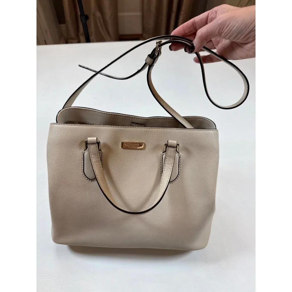 Kate Spade New York Beige Leather Crossbody Tote Handbag Gold Hardware - Picture 1 of 12